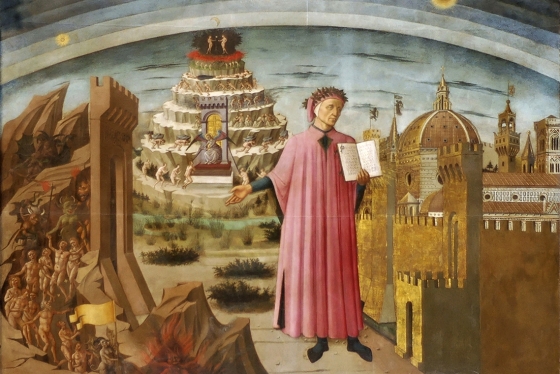 In a painting, the poet Dante stands between the gates of Hell and the walls of Heaven, with the mountain of Purgatory behind