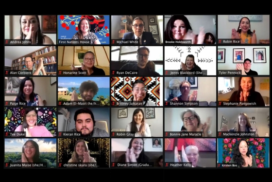 A grid of images shows 25 people participating in a video call, and applauding.
