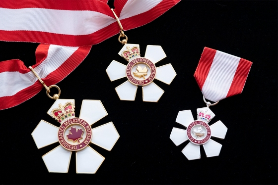 The Order of Canada medal is shaped like a six-petalled flower with a maple leaf centre, hanging from a red and white ribbon.