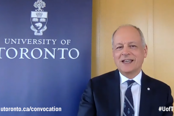 Meric Gertler speaks on video in front of a banner that reads University of Toronto, #UofTGrad21, and utoronto.ca/convocation