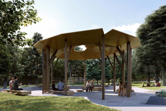A drawing of the Indigenous pavilion shows a saucer-shaped wooden roof on 13 slim pillars, with a central hole for fire smoke