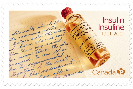 The insulin stamp shows a page of Banting's note, a 1920s vial of insulin, and the text: Insulin Insuline 1921-2021.