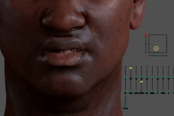 Close-up on the lower face of an animated male figure, mid-speech. An array of sliders to one side move up and down.