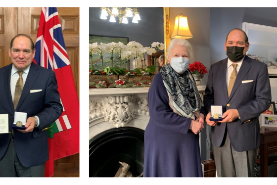 Side-by-side images: James Bird holds a ceremonial coin, James Bird with Elizabeth Dowdeswell wear masks and stand together.