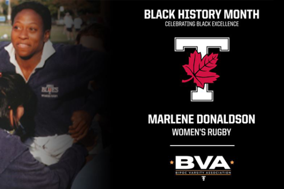 Composite image: Marlene Donaldson smiling on a rubgy field and text that reads: Black History Month, Marlene Donaldson.