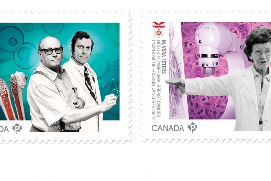 Two stamps: James Till and Ernest McCulloch with a bone cross-section, and Vera Peters with a radiation machine.