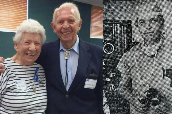 A current day photo of Murray with a woman and an archival photo of Murray in medical scrubs