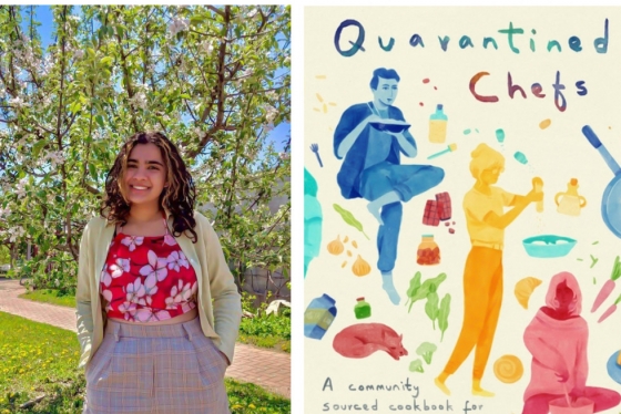 A double image: Rajpreet Sidhu smiles, standing in a park. The cover of Quarantined Chefs: A community sourced cookbook.
