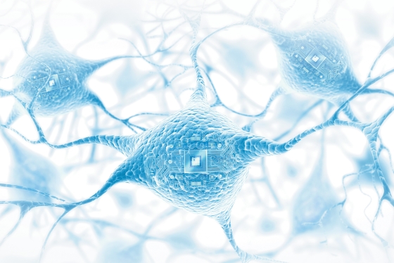 An imaginative illustration shows connected neuron cells with circuit boards inside them.