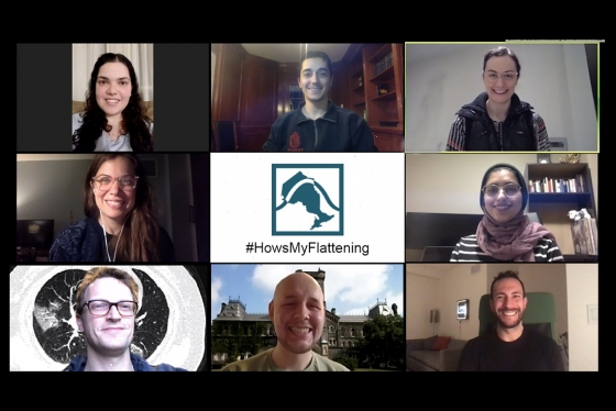 A screenshot shows eight people each joining in a video chat.