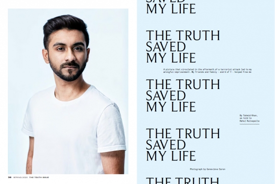 A spread from University of Toronto Magazine includes a picture of Tahmid Khan and the words: the truth saved my life.