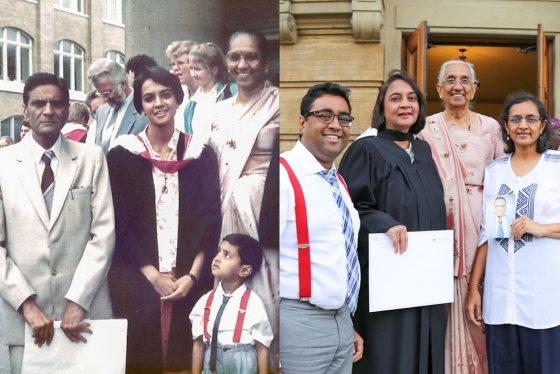 Two photos side by side both show Unnati Patel, in graduation robes, posed with family members.