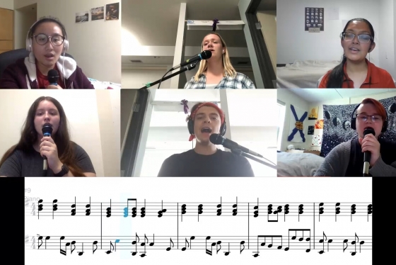Six images of people wearing headphones and singing into microphones, over an image of sheet music.
