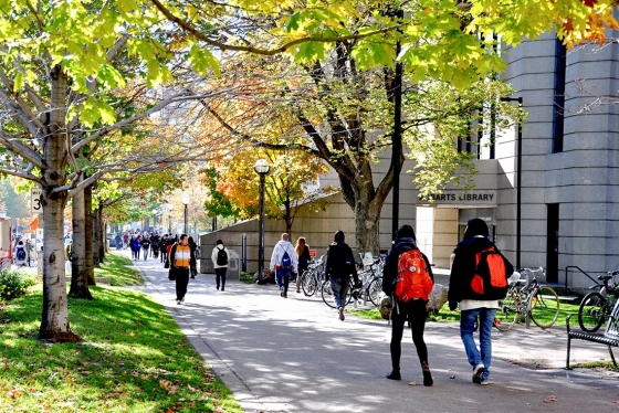 Students walk along the sidewalk outside Robarts Library under trees in spring leaf.