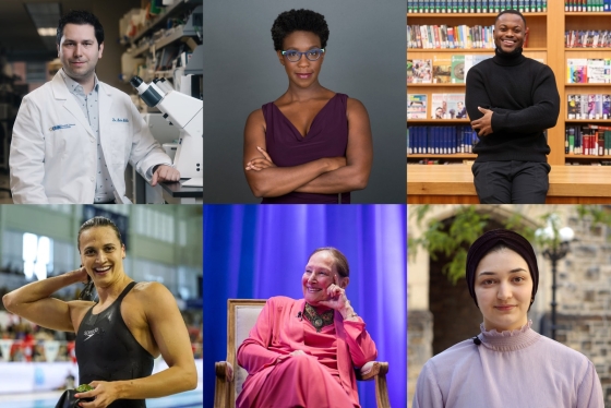 a grid of six photos, featuring a white doctor in his lab, a black woman playright, a black male author in a library, a white female swimmer next to a pool, a white woman sitting in a chair and a hijabi arab woman