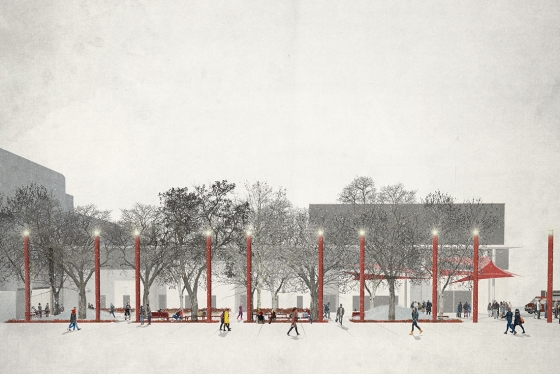 An artist's illustration shows people crossing a snowy, tree-lined plaza lit by tall, candle-shaped pillars.