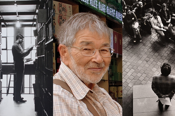 Composite image: a young man between library shelves, a photo of Art Chow, a classroom with lecturer seen from above.