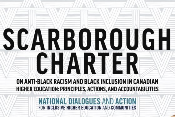 Text reading: Scarborough Charter, on anti-Black racism and Black inclusion in Canadian higher education.
