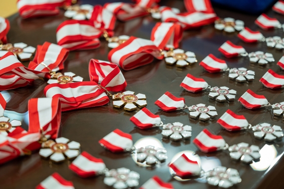Order of Canada medals laying flat on a table