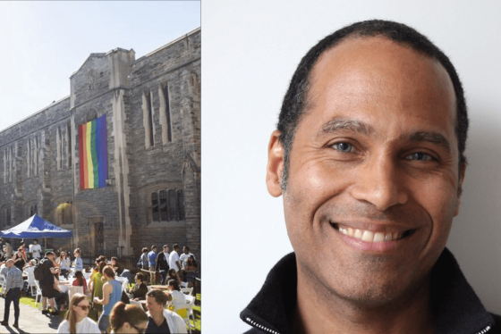 Composite image: Terry Gardiner smiling, and Hart House quad with people picnicking on the lawn under a rainbow flag.
