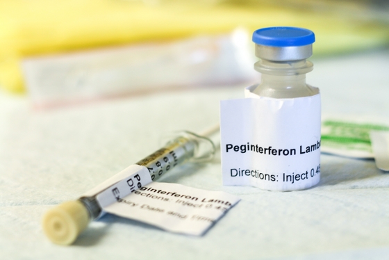 A vial and syringe, each labelled: Peginterferon.
