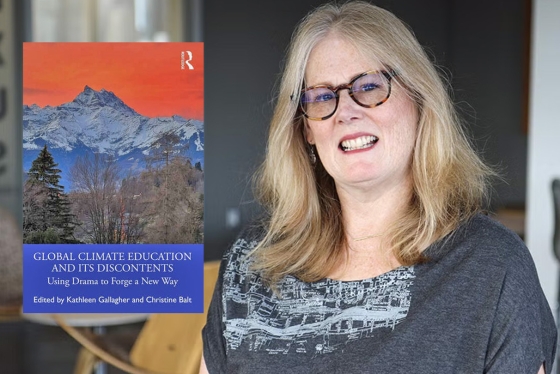 A portrait of Kathleen with her book cover overlaid on top