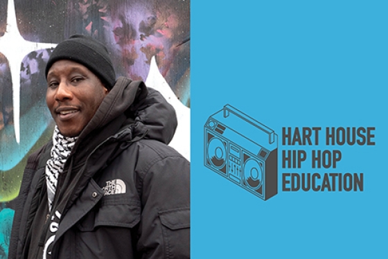 Two photos of hip hop artist Marcus Singleton standing by street art. In the middle, text reads, Hart House Hip Hop Education