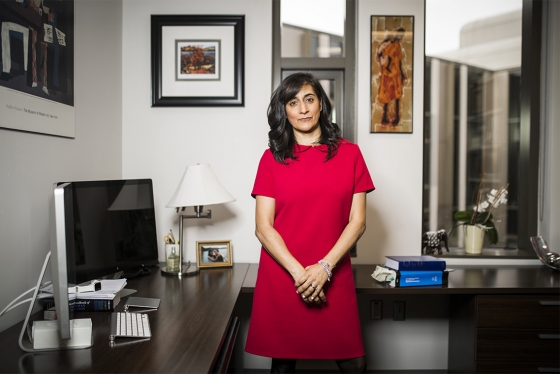 Anita Anand looks serious as she stands in an office in front of a spotless desk.