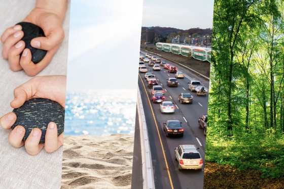 Four images: hands holding smooth stones, a sunny beach, a busy highway and a shady green forest.