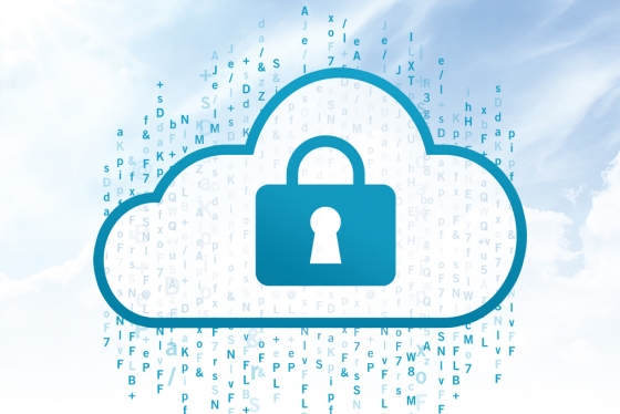 An illustration of a padlocked cloud raining random letters symbolizes the work of cryptography startup SHIELD Crypto Systems