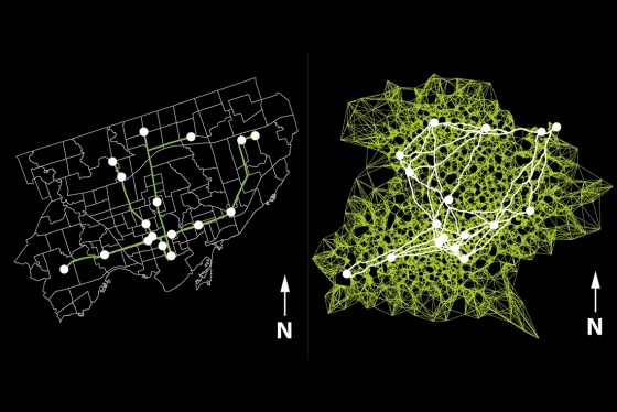 A subway map with 17 nodes, on top of a drawing of a slime mould-inspired network. It connects the nodes in multiple ways.