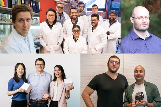 A collage of five photos showing the startup founders posing in smiling groups.