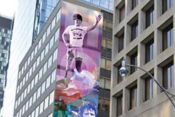 An illustration of the mural shows a colourful collage of images: Terry Fox, a bison, children and flowers. Text reads: Hope.