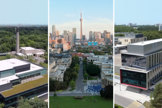 Side-by-side images of U of T's three campuses, seen from the air: Scarborough, St. George and Mississauga.