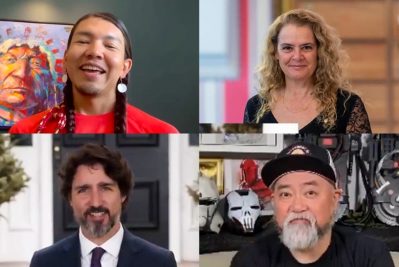 A collage of four photos portraying James Makokis, Julie Payette, Paul Sun-Hyung Lee and Justin Trudeau.