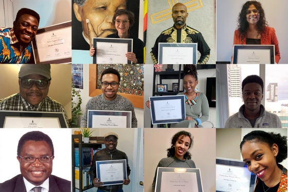 A grid of 12 images shows 12 winners of the 2020 African Scholars Awards holding up their certificates.