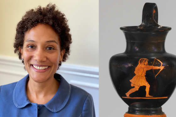 Headshot of Dr. Emily Greenwood and a photograph of a black ceramic jug with an orange-hued illustration of a Greek figure drawing a bow and arrow.