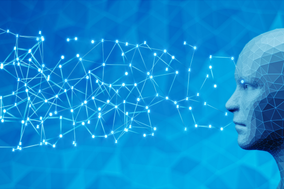 A digital wireframe representation of a human head in profile interacts with a network of glowing nodes and lines, symbolizing artificial intelligence and data processing against a futuristic blue-toned background.