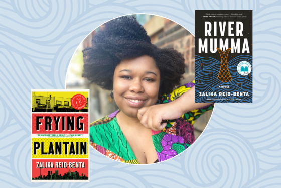Canadian author Zalika Reid-Benta leaning against brick wall smiling at the camera. Pictured with her is book covers for River Mumma and Frying Plantain on a light blue background with swirled a texture.