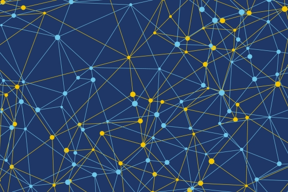 Abstract network illustration featuring interconnected yellow and light blue nodes linked by lines on a dark blue background, symbolizing data, communication, or digital connections.