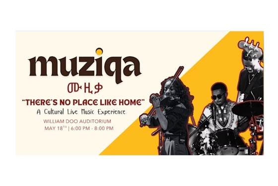 MUZIQA poster showing day (May 18th, 2025 6pm-8pm) and location (William Doo Auditorium). Additionally, students playing violin, guitar, and drums.