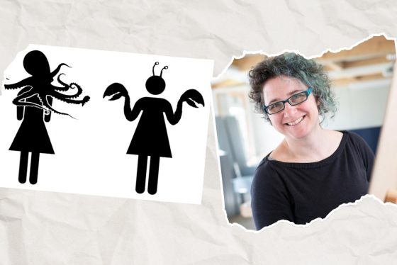 Image of Kaethe Wenzal next to images of humaniod pictograms from her workshops. 