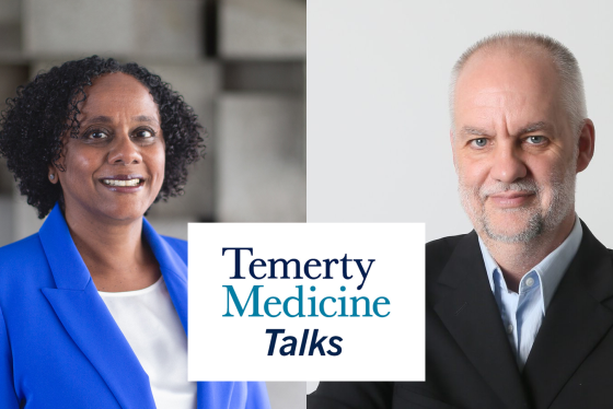 Temerty Medicine dean Lisa Robinson and the Globe and Mail's Andre Picard smile into the camera