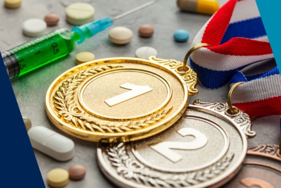 Image of an injection, pills and gold, silver and bronze medals