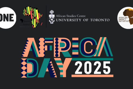 A vibrant event poster with bold text announcing 'Africa Day 2025' at the top. The words 'ONE' and 'African Studies Centre' appear above the 'UNIVERSITY OF TORONTO' logo. The central focus is the large, stylized title 'AFRICA  DAY 2025,' with the tagline 'BEYOND STRATEGY: DRIVING CANADA-AFRICA IMPACT' below. The text 'SAVE THE DATE' is highlighted, followed by the event dates 'MAY 23-24' and location: 'SCHWARTZ REISMAN INNOVATION CAMPUS, UNIVERSITY OF TORONTO.'