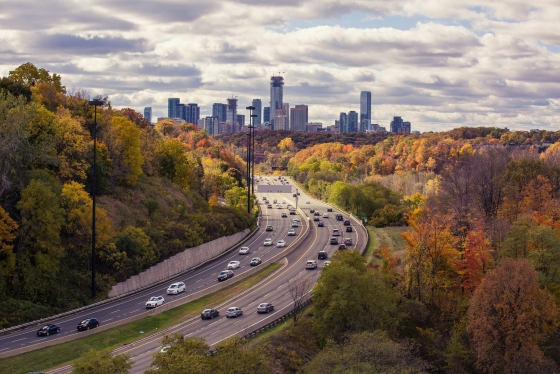 Image of highway during autumn with the sky line of  a city 