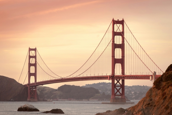 The Golden Gate Bridge in San Francisco at sunrise.