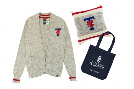 Retro-style U of T cardigan, U of T knitted pillow, U of T alumni tote bag 