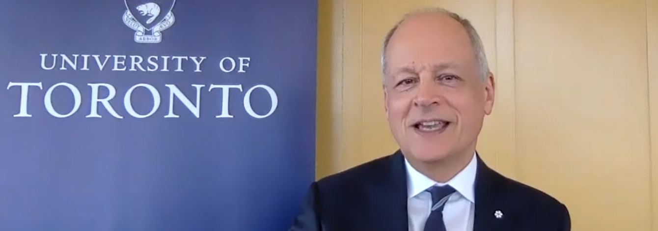 Meric Gertler speaks on video in front of a banner that reads University of Toronto, #UofTGrad21, and utoronto.ca/convocation
