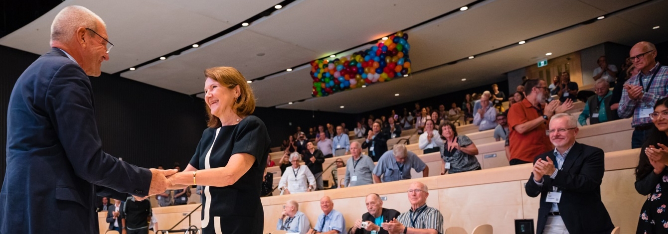 Professor Emeritus Ron Venter, chair of the building planning committee, and Dean Cristina Amon during opening remarks for the Myhal Centre open house (photo by Neil Ta)